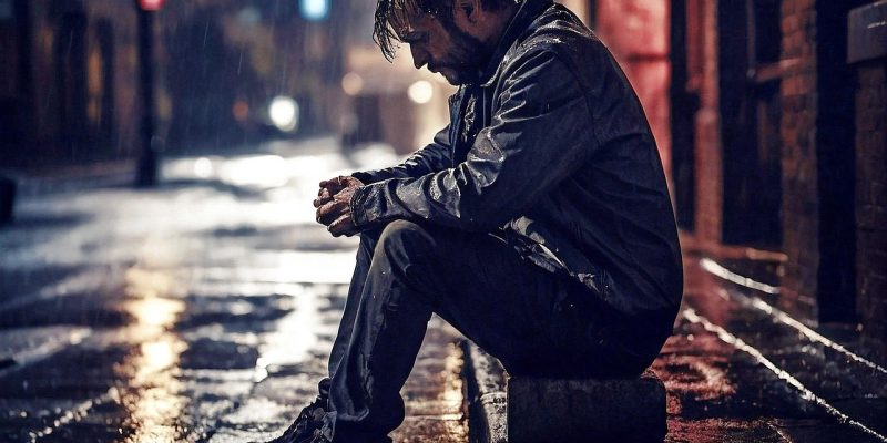Image of a man sitting on a kerb thinking.