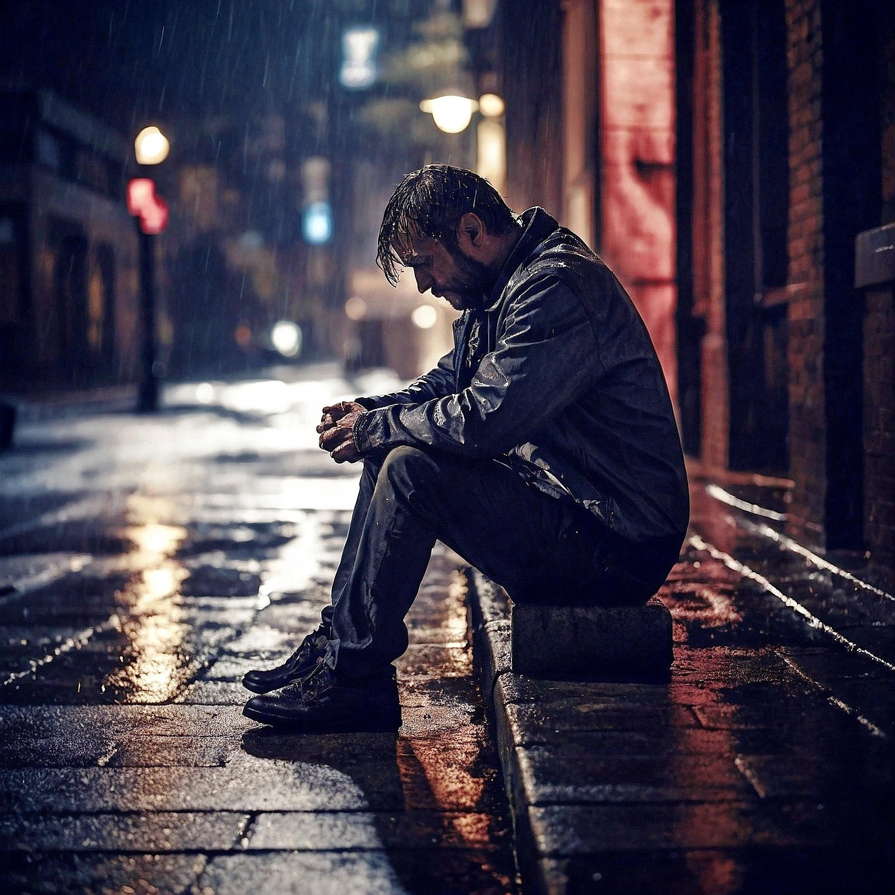 Image of a man sitting on a kerb thinking.